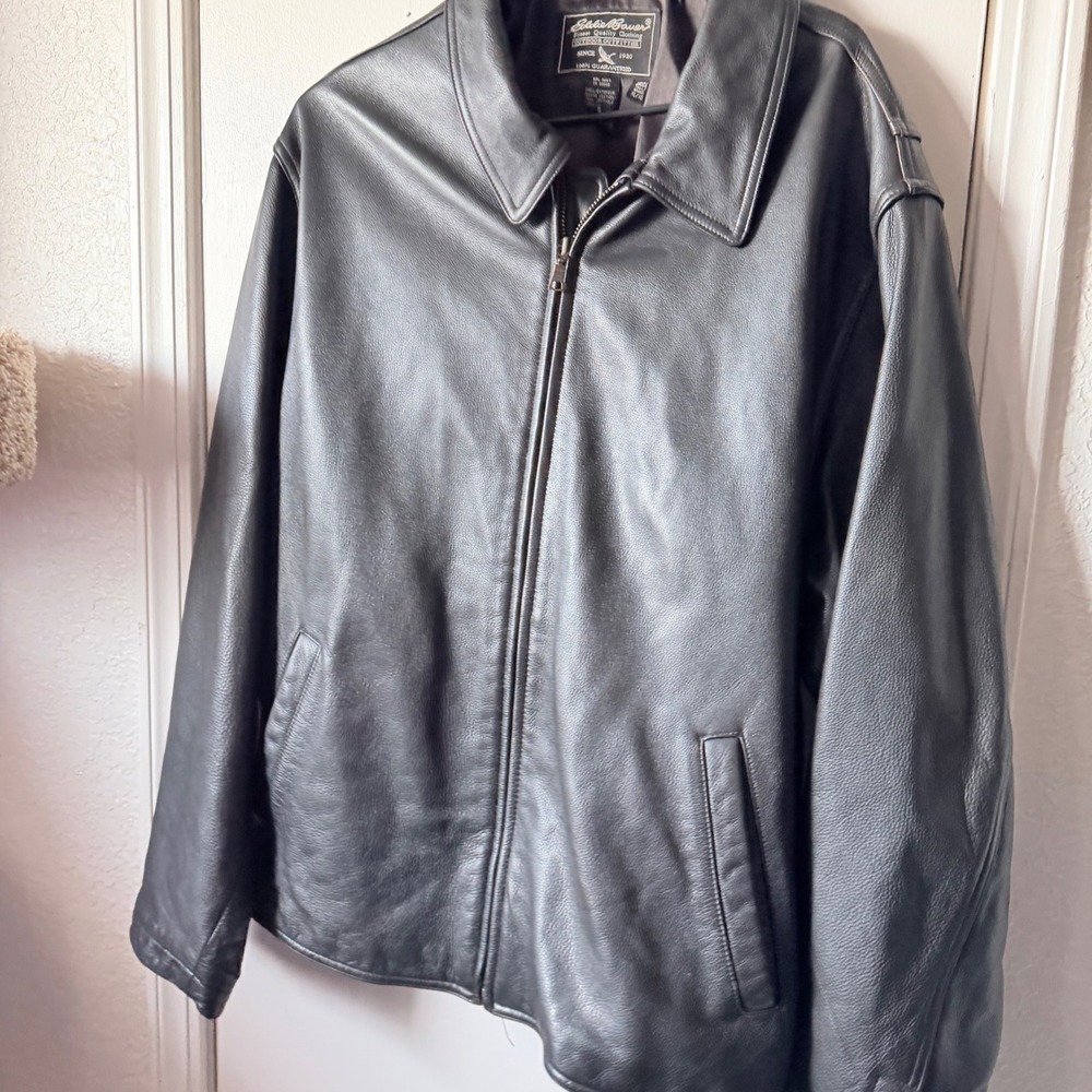 Vintage Eddie Bauer Mens XL Tall Dark Brown Genuine Leather Full Zip Jacket - Picture 2 of 5
